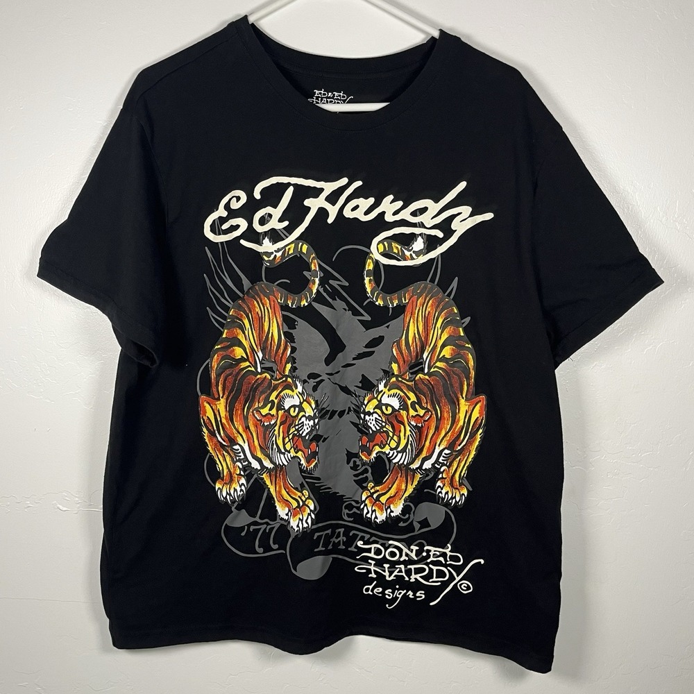 Ed Hardy Mens Size Large Graphic Twin Tigers Tattoo Black Crewneck T Shirt